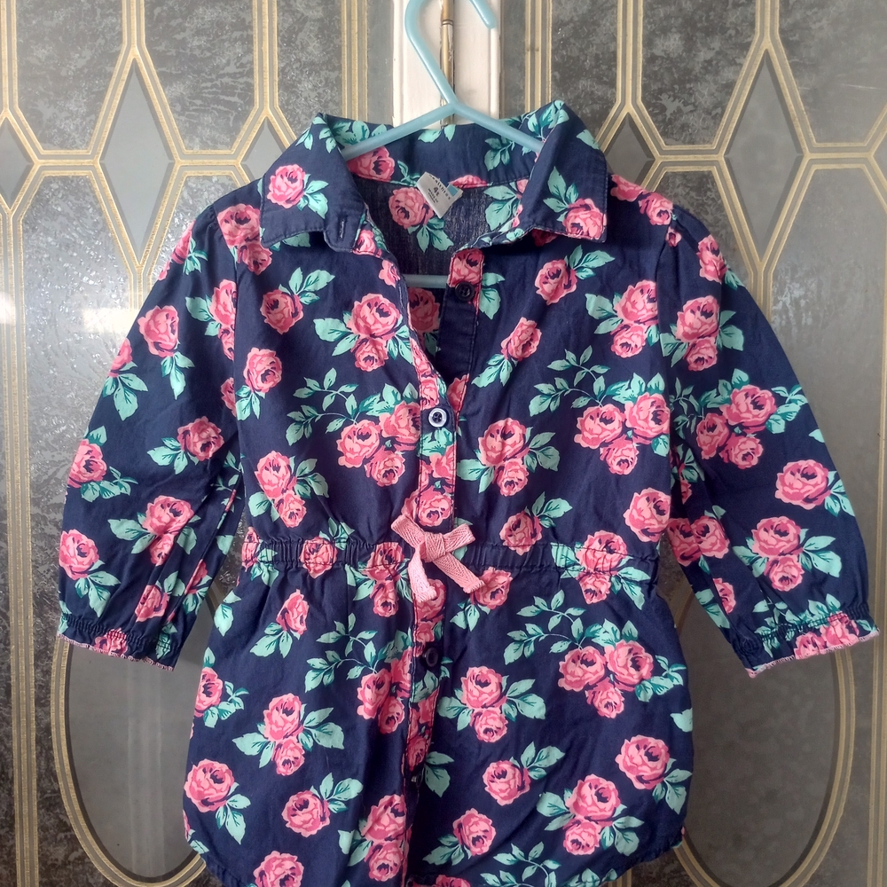 Healthtex Navy and Pink Floral Half Button Down Shirt